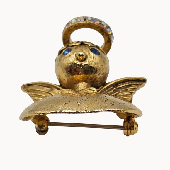 Vtg Brooch Signed Tortolani Guardian Angel Rhinestone Halo Blue Eye Pin Shoulder - Picture 2 of 15